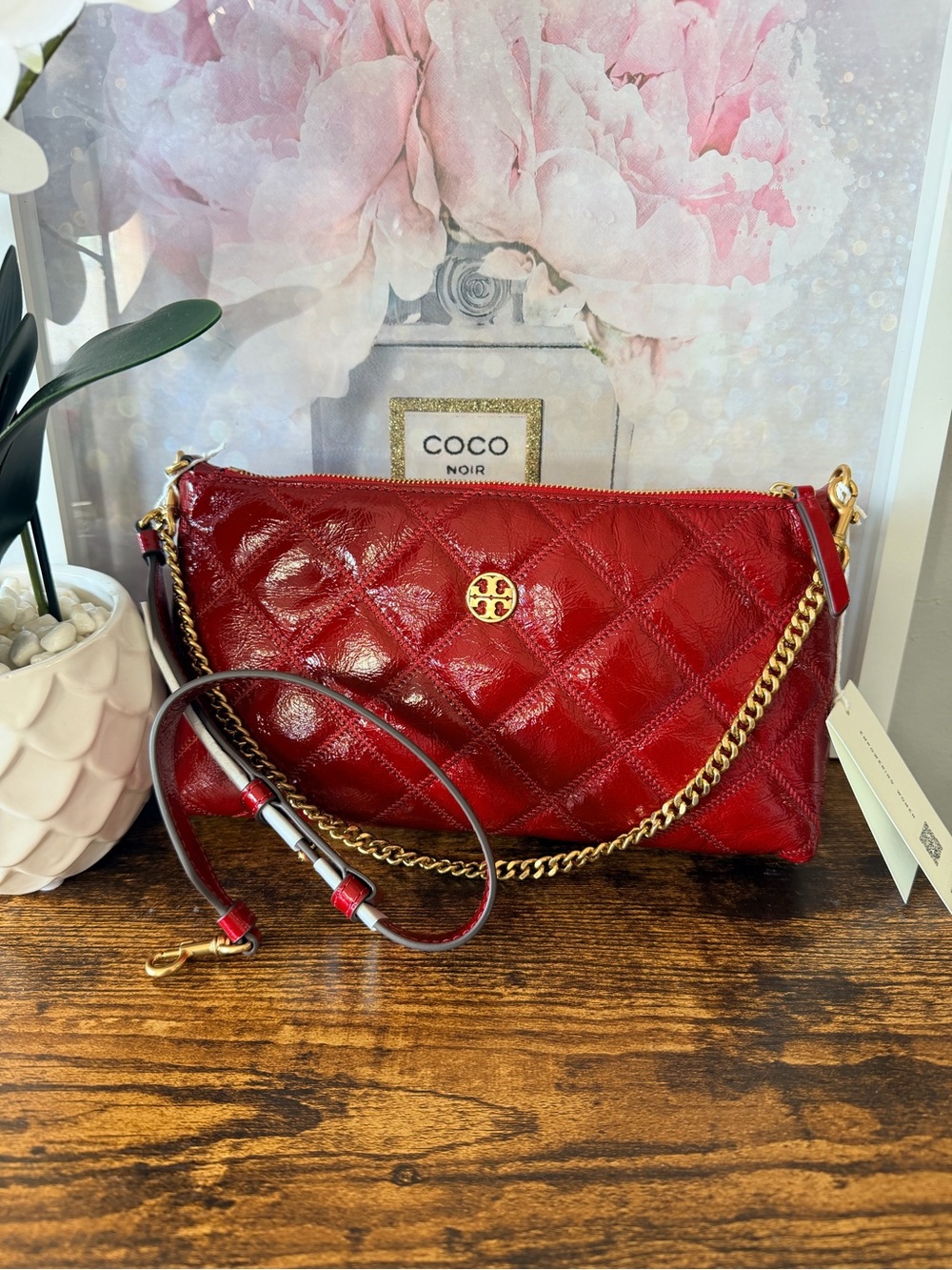 Tory Burch Quilted Patent Leather Crossbody Bag in Red with Gold Chain